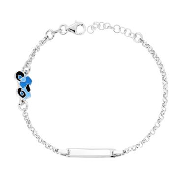 Bracciale Bimbo Bimba Catena Rolo con Targa Rettangolare e Motocicletta con Smalto Azzurro in ARGENTO 925 Galvanica Rodio<br />