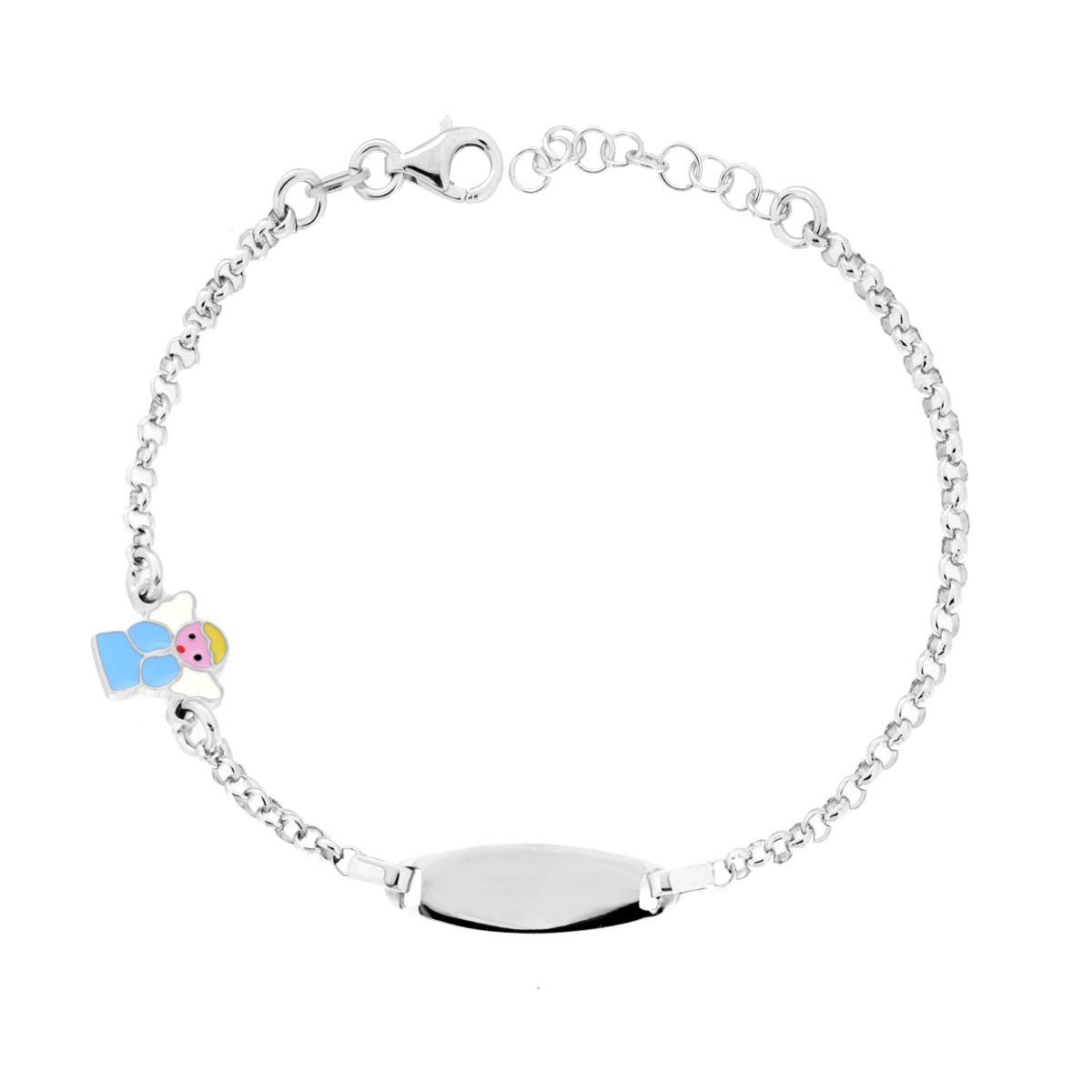 Bracciale Bimbo Bimba Catena Rolo con Targa Ovale e Angelo con Smalto Azzurro in ARGENTO 925 Galvanica Rodio