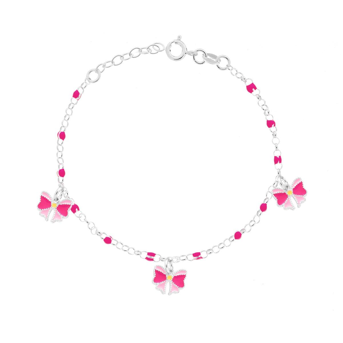Bracciale Bimbo Bimba Catena Rolo con Palline e Fiocchi con Smalto Fucsia e Rosa in ARGENTO 925