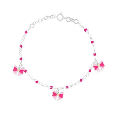 Bracciale Bimbo Bimba Catena Rolo con Palline e Fiocchi con Smalto Fucsia e Rosa in ARGENTO 925