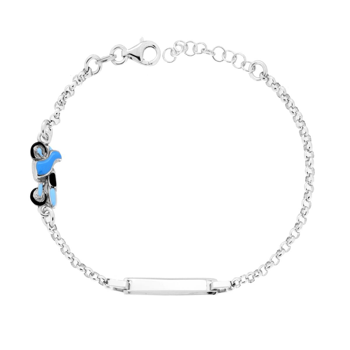 Bracciale Bimbo Bimba Catena Rolo con Targa Rettangolare e Motocicletta con Smalto Azzurro in ARGENTO 925 Galvanica Rodio