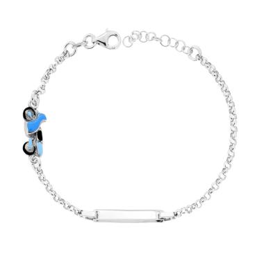 Bracciale Bimbo Bimba Catena Rolo con Targa Rettangolare e Motocicletta con Smalto Azzurro in ARGENTO 925 Galvanica Rodio
