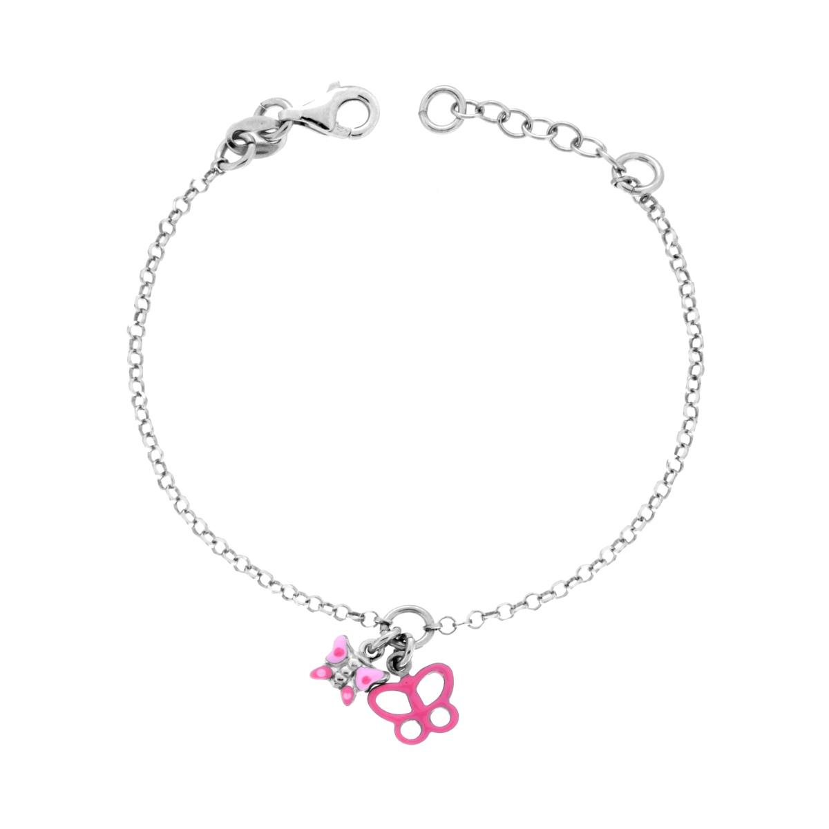 Bracciale Bimba Bimbo Catena Rolo Diamantata con Farfalle Smalto Fucsia e Rosa in ARGENTO 925 Galvanica Rodio