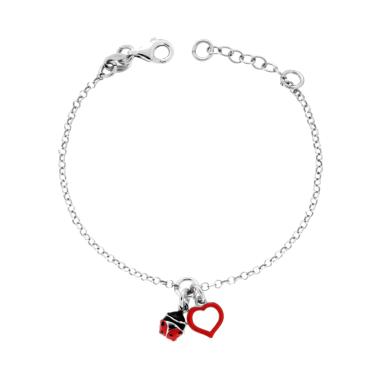 Bracciale Bimba Bimbo Catena Rolo Diamantata con Cuore e Coccinella Smalto Rosso e Nero in ARGENTO 925 Galvanica Rodio