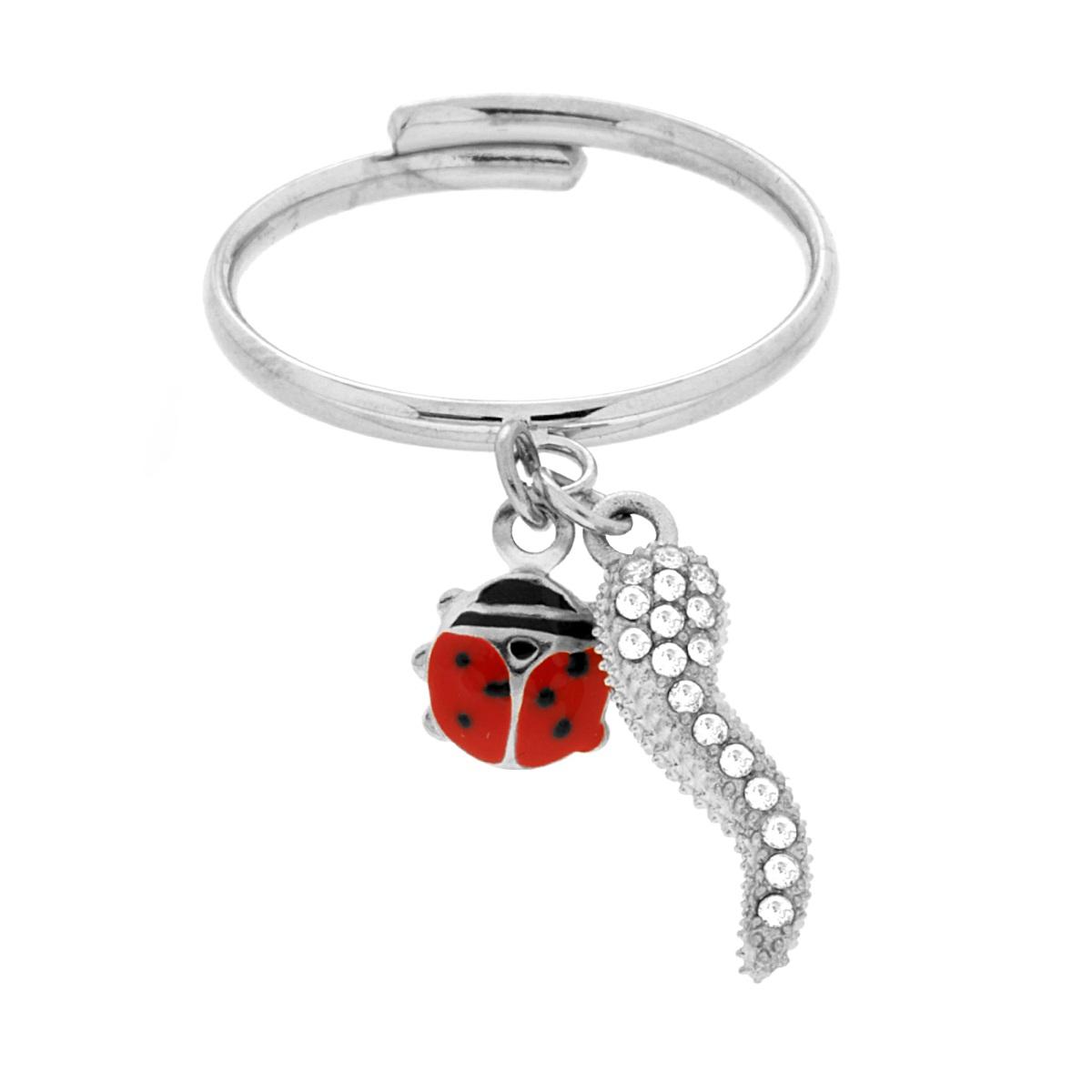 Anello Coccinella Smalto Rosso e Corno con Crystal Bianchi in ACCIAIO