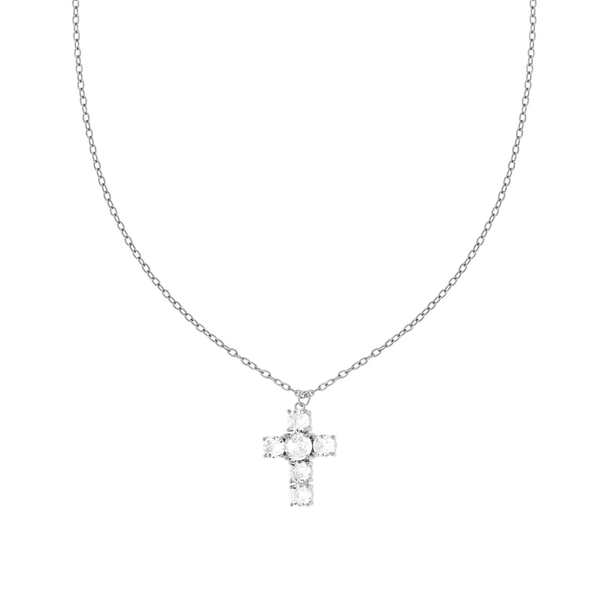 Collana Catena Forzatina Diamantata con Croce e Crystal Bianchi in ACCIAIO