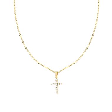 Collana Catena Forzatina Diamantata con Croce e Crystal Bianchi in ACCIAIO colore Oro