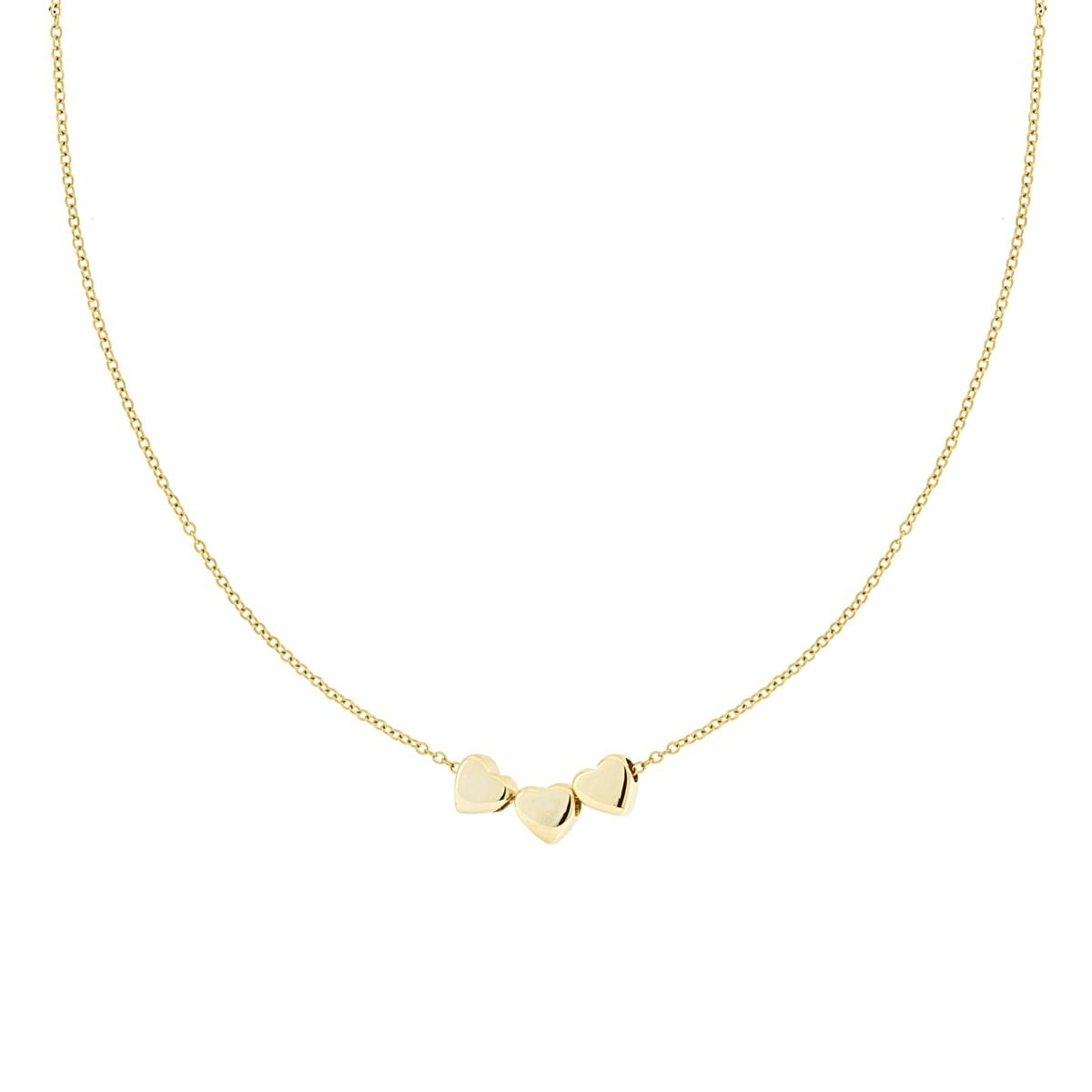 Collana Catena Forzatina Diamantata con tre Cuori Bombati passanti in ACCIAIO colore Oro