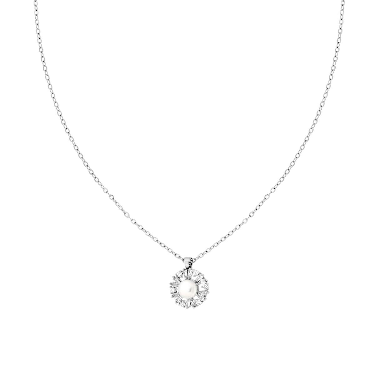 Collana Catena Forzatina Diamantata con Fiore con Perla e Crystal Bianchi Trapezio in ACCIAIO e OTTONE