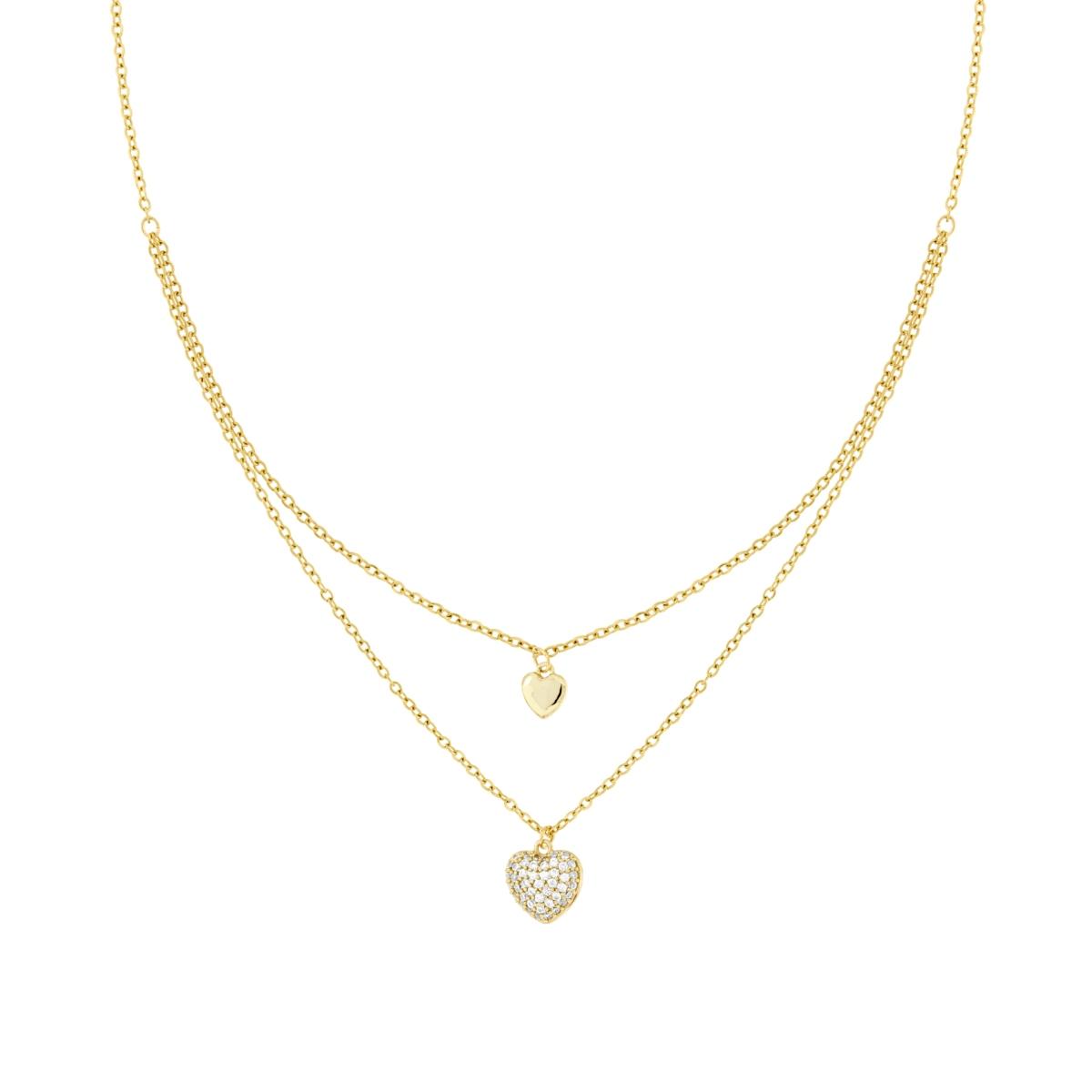 Collana due fili Catena Forzatina Diamantata con Cuori e Crystal Bianchi in ACCIAIO e OTTONE colore Oro