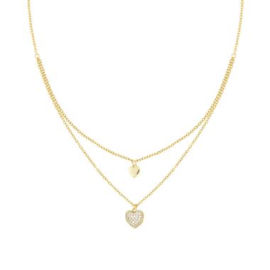 Collana due fili Catena Forzatina Diamantata con Cuori e Crystal Bianchi in ACCIAIO e OTTONE colore Oro