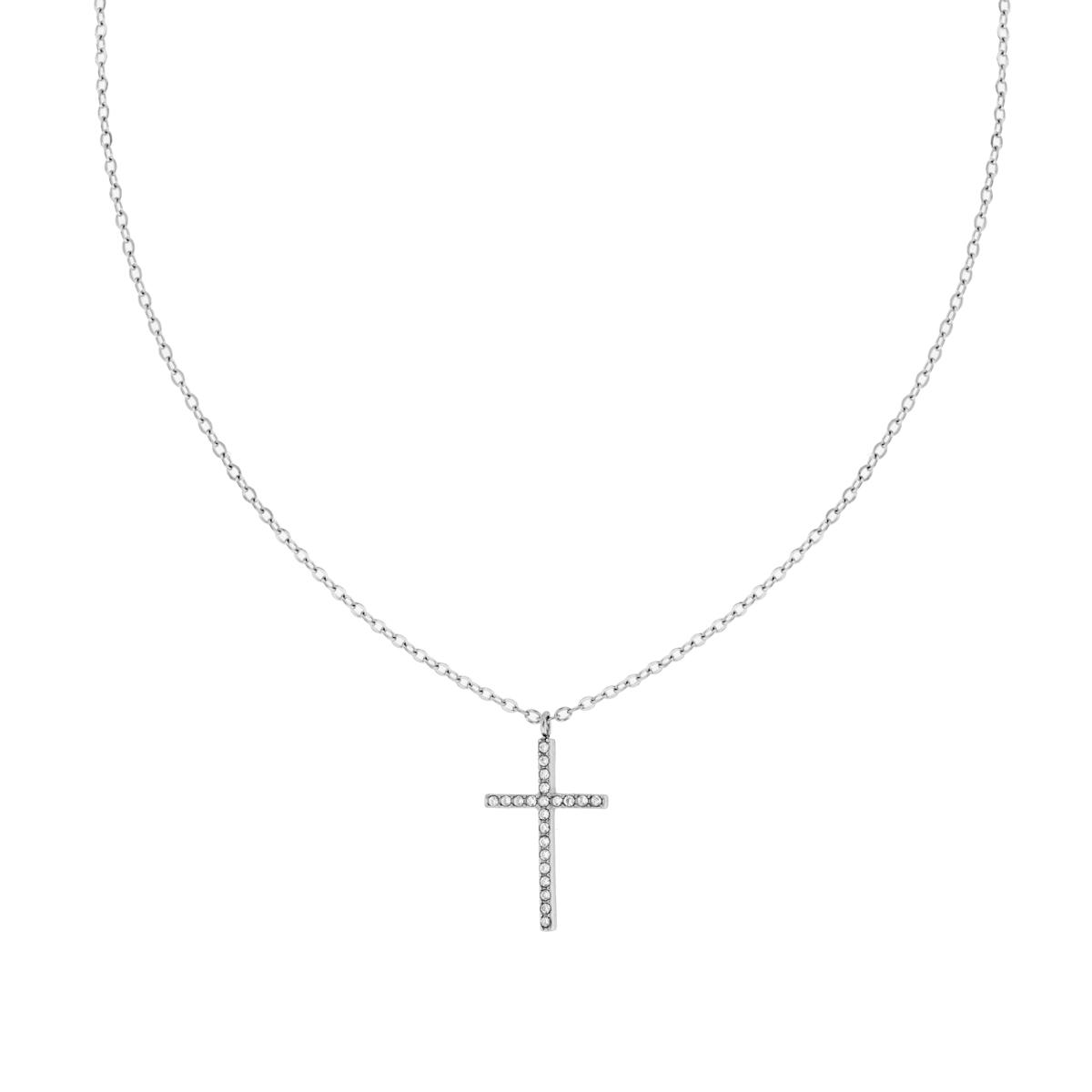 Collana Catena Forzatina Diamantata con Croce e Crystal Bianchi in ACCIAIO