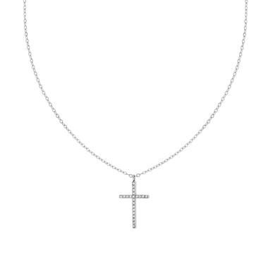 Collana Catena Forzatina Diamantata con Croce e Crystal Bianchi in ACCIAIO