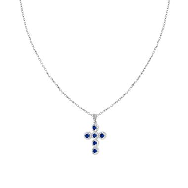Collana Catena Forzatina Diamantata con Croce Crystal Blu Zaffiro e Bianchi in ACCIAIO e OTTONE