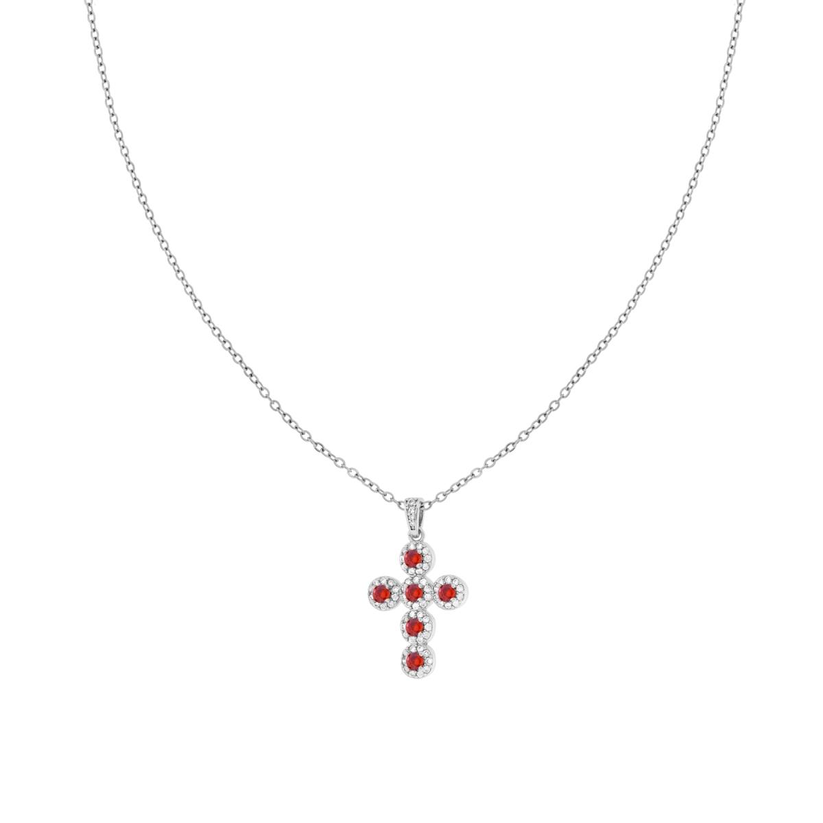 Collana Catena Forzatina Diamantata con Croce Crystal Rosso Rubino e Bianchi in ACCIAIO e OTTONE