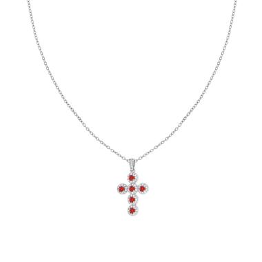 Collana Catena Forzatina Diamantata con Croce Crystal Rosso Rubino e Bianchi in ACCIAIO e OTTONE