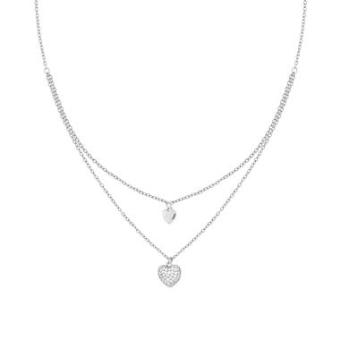 Collana due fili Catena Forzatina Diamantata con Cuori e Crystal Bianchi in ACCIAIO e OTTONE