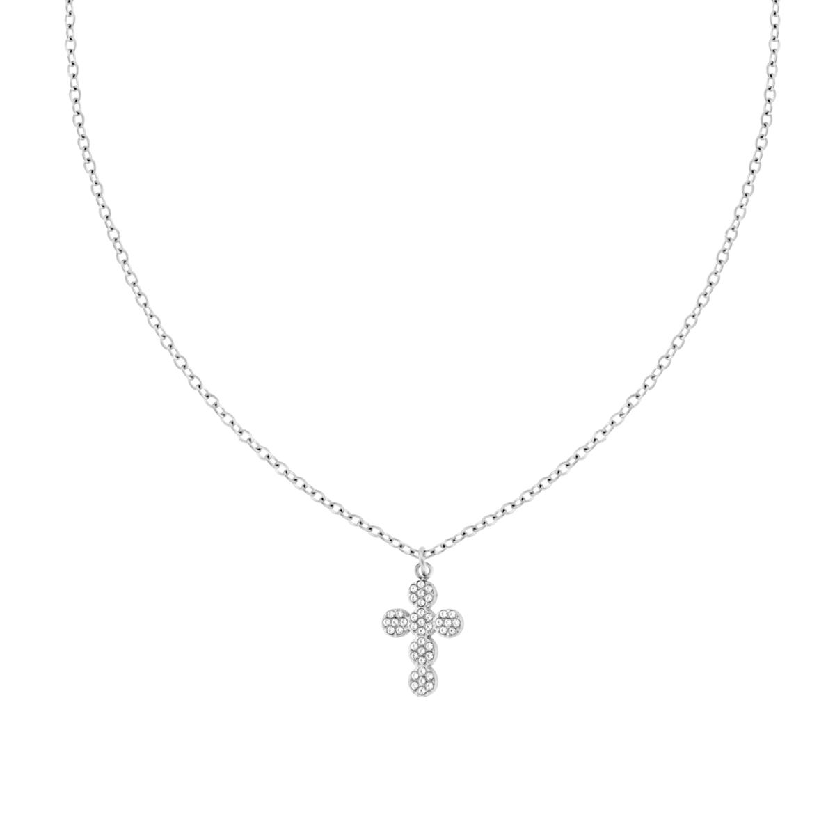 Collana Catena Forzatina con Croce e Crystal Bianchi in ACCIAIO