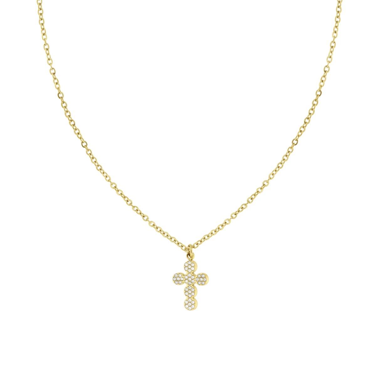Collana Catena Forzatina con Croce e Crystal Bianchi in ACCIAIO colore Oro