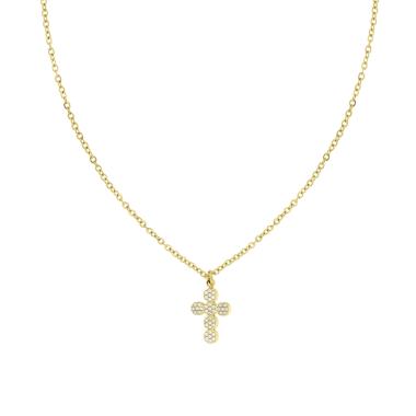 Collana Catena Forzatina con Croce e Crystal Bianchi in ACCIAIO colore Oro