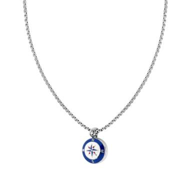 Collana Catena Veneziana Tonda con Rosa dei Venti Smalto Bianco e Blu in ACCIAIO