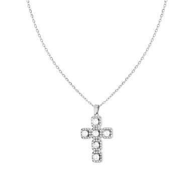 Collana Catena Forzatina con Croce e Crystal Bianchi in ACCIAIO e OTTONE