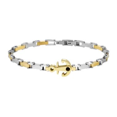 Bracciale Uomo Maglia Imperniata con dettagli Colore Oro Ancora e Crystal Nero in ACCIAIO