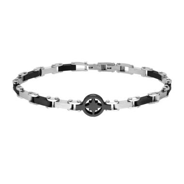 Bracciale Uomo Maglia Imperniata con dettagli Colore Nero e Rosa dei Venti in ACCIAIO
