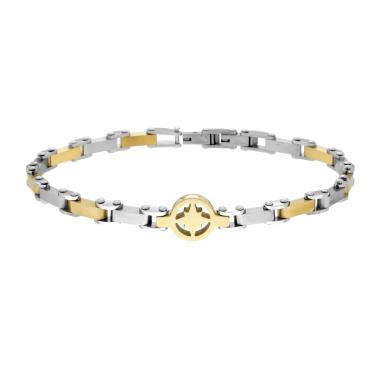 Bracciale Uomo Maglia Imperniata con dettagli Colore Oro e Rosa dei Venti in ACCIAIO