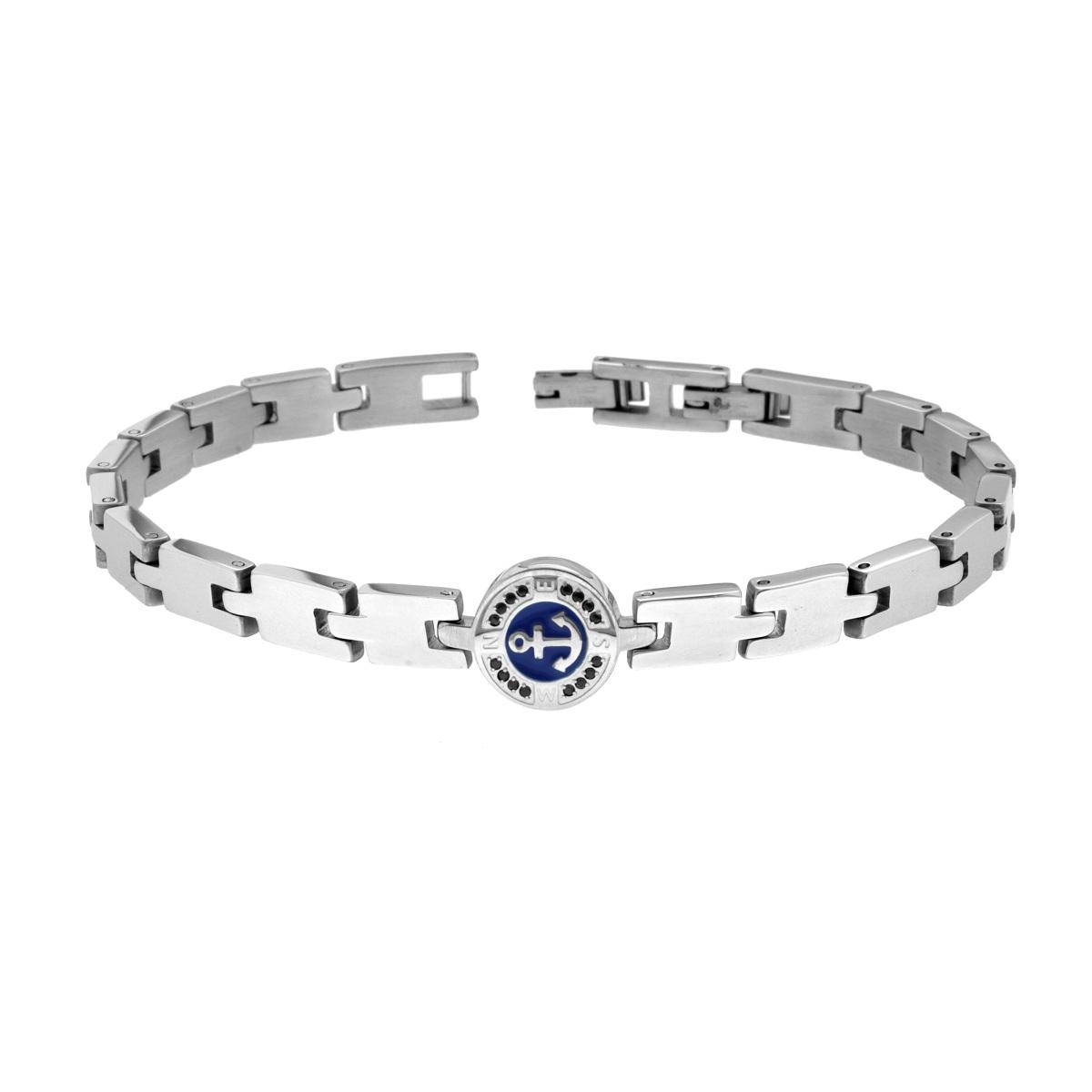Bracciale Uomo Maglia Imperniata con Ancora Smalto Blu e Crystal Neri in ACCIAIO