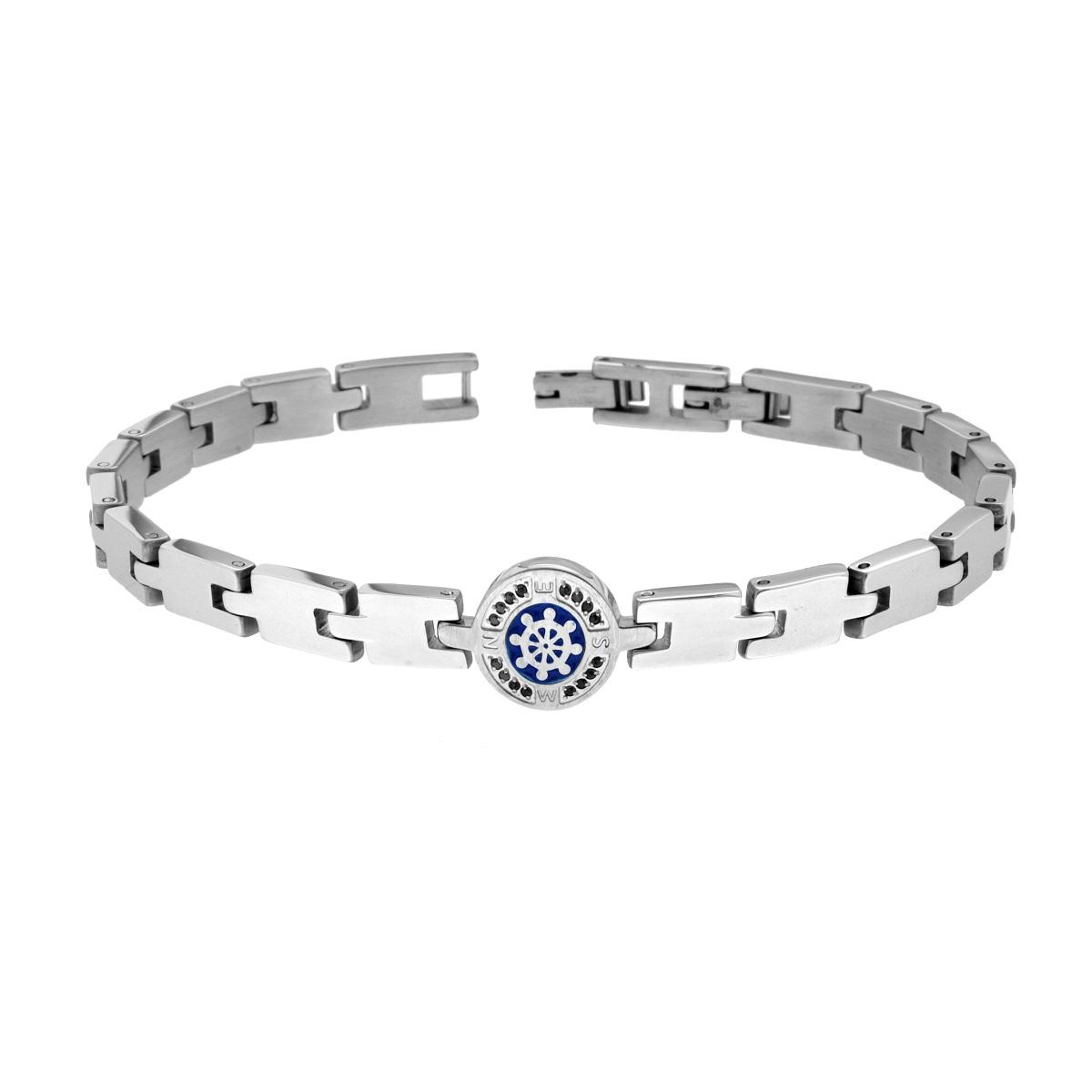 Bracciale Uomo Maglia Imperniata con Timone Smalto Blu e Crystal Neri in ACCIAIO