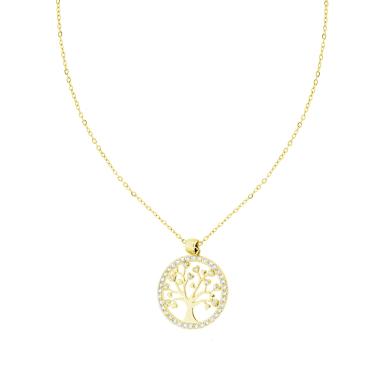 Collana Catena Forzatina Diamantata con Albero della Vita e Crystal Bianchi n ACCIAIO colore Oro