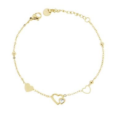 Bracciale Catena Forzatina Diamantata con Cuori e Crystal Bianco in ACCIAIO colore Oro