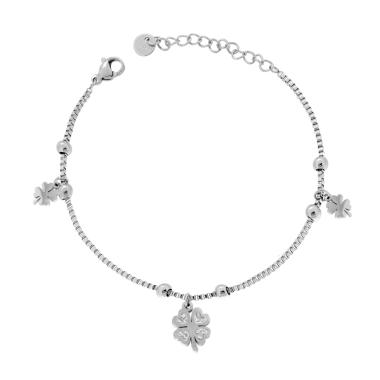 Bracciale Catena Veneziana Diamantata con Quadrifogli pendenti e Crystal Bianchi in ACCIAIO