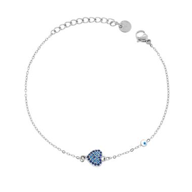 Bracciale Catena Forzatina Diamantata e Cuore con Crystal e Smalto Azzurro in ACCIAIO