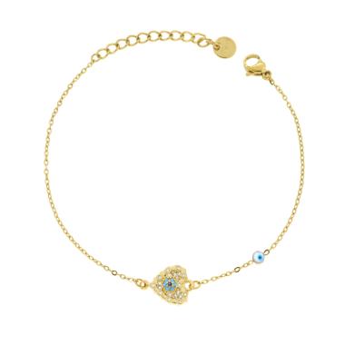 Bracciale Catena Forzatina Diamantata con Cuore e Crystal Bianchi e Smalto Azzurro in ACCIAIO colore Oro