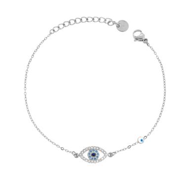 Bracciale Catena Forzatina Diamantata con Occhio e Crystal Bianchi e Smalto Azzurro in ACCIAIO