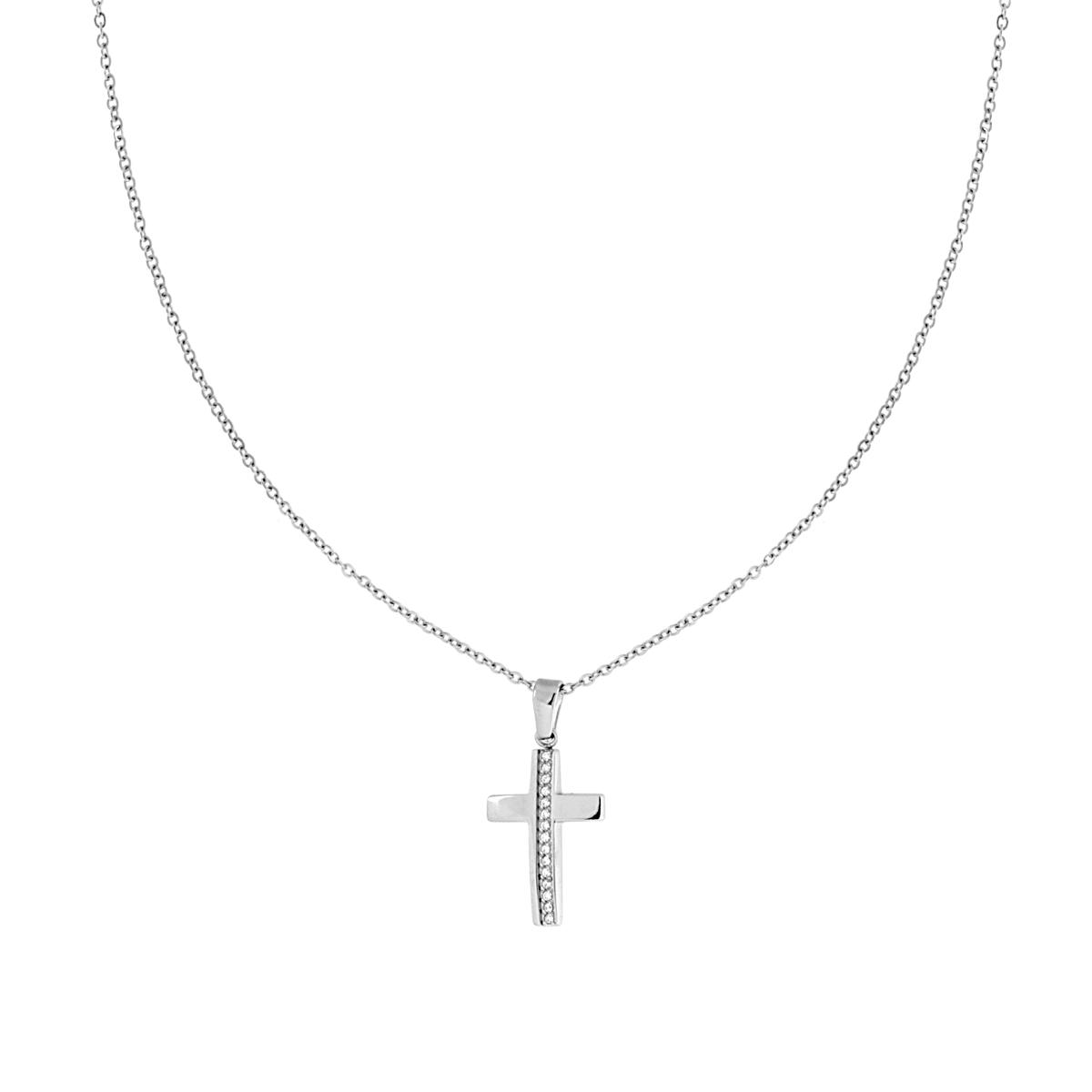 Collana Catena Forzatina Diamantata con Croce e Crystal Bianchi in ACCIAIO