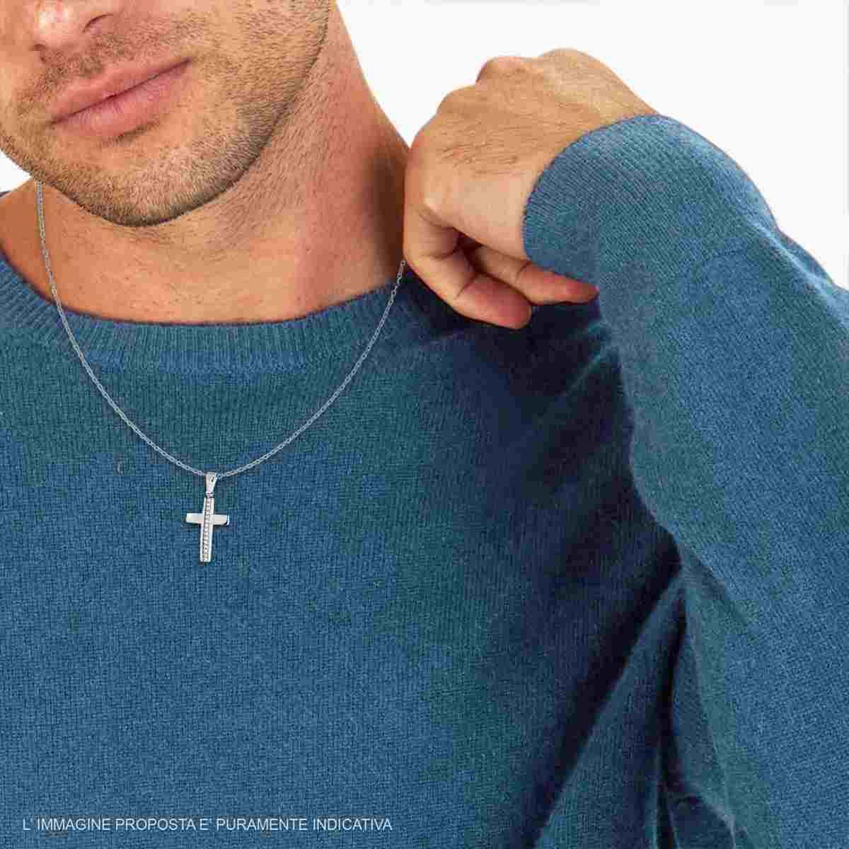 Collana Catena Forzatina Diamantata con Croce e Crystal Bianchi in ACCIAIO