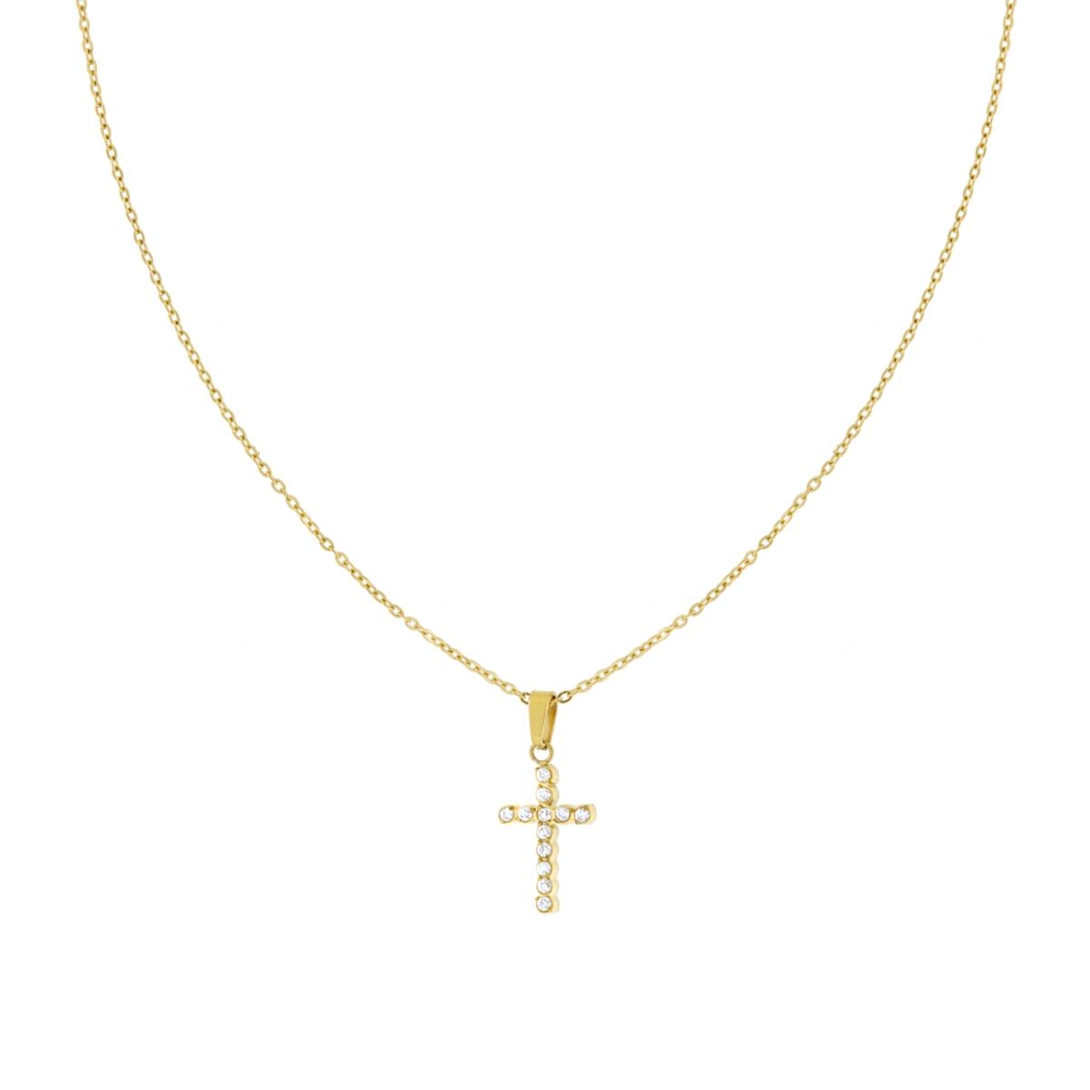 Collana Catena Forzatina Diamantata con Croce e Crystal Bianchi in ACCIAIO colore Oro