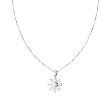 Collana Catena Forzatina Diamantata con Fiore Crystal Bianchi e Perla in ACCIAIO