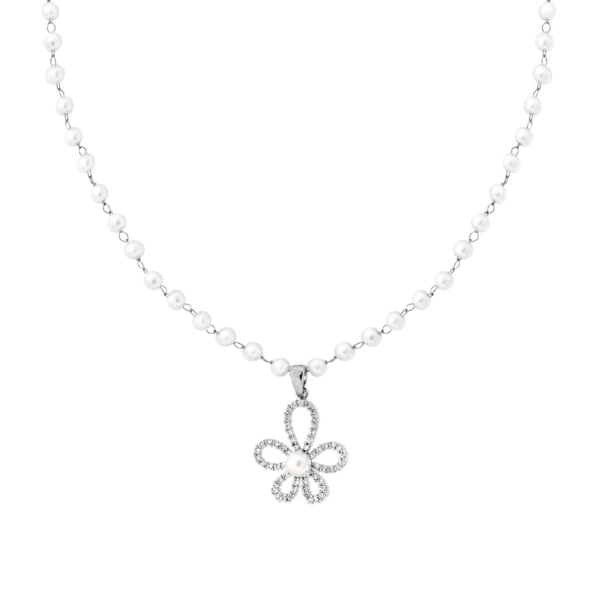 Collana Catena con Perle e Fiore Crystal Bianchi in ACCIAIO