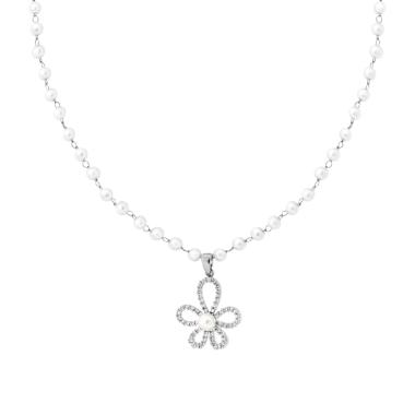 Collana Catena con Perle e Fiore Crystal Bianchi in ACCIAIO
