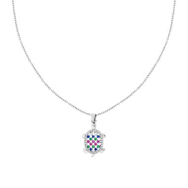 Collana Catena Forzatina Diamantata con Tartaruga e Crystal Multicolor in ACCIAIO
