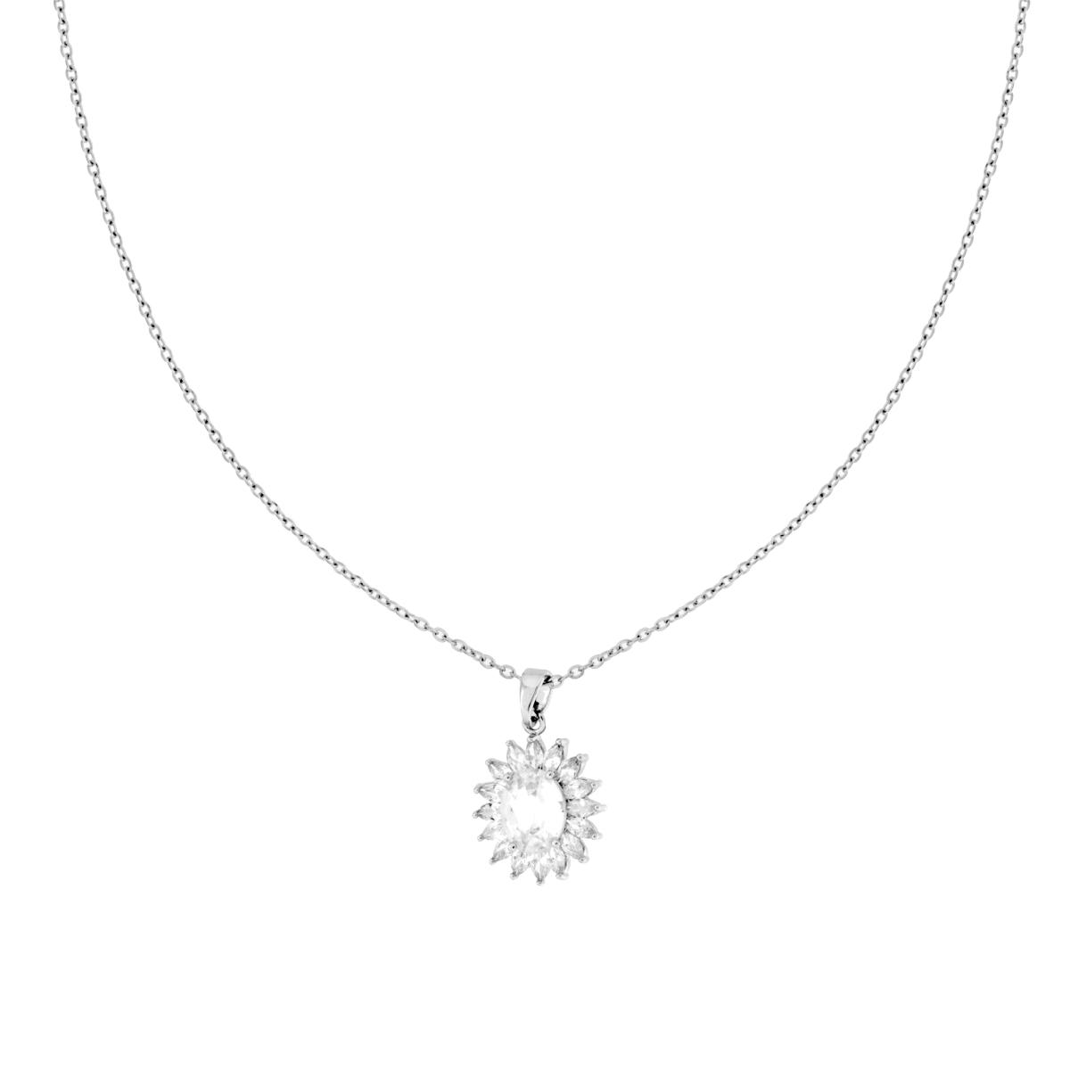 Collana Catena Forzatina Diamantata con Punto Luce Ovale contornato da Crystal Bianchi in ACCIAIO
