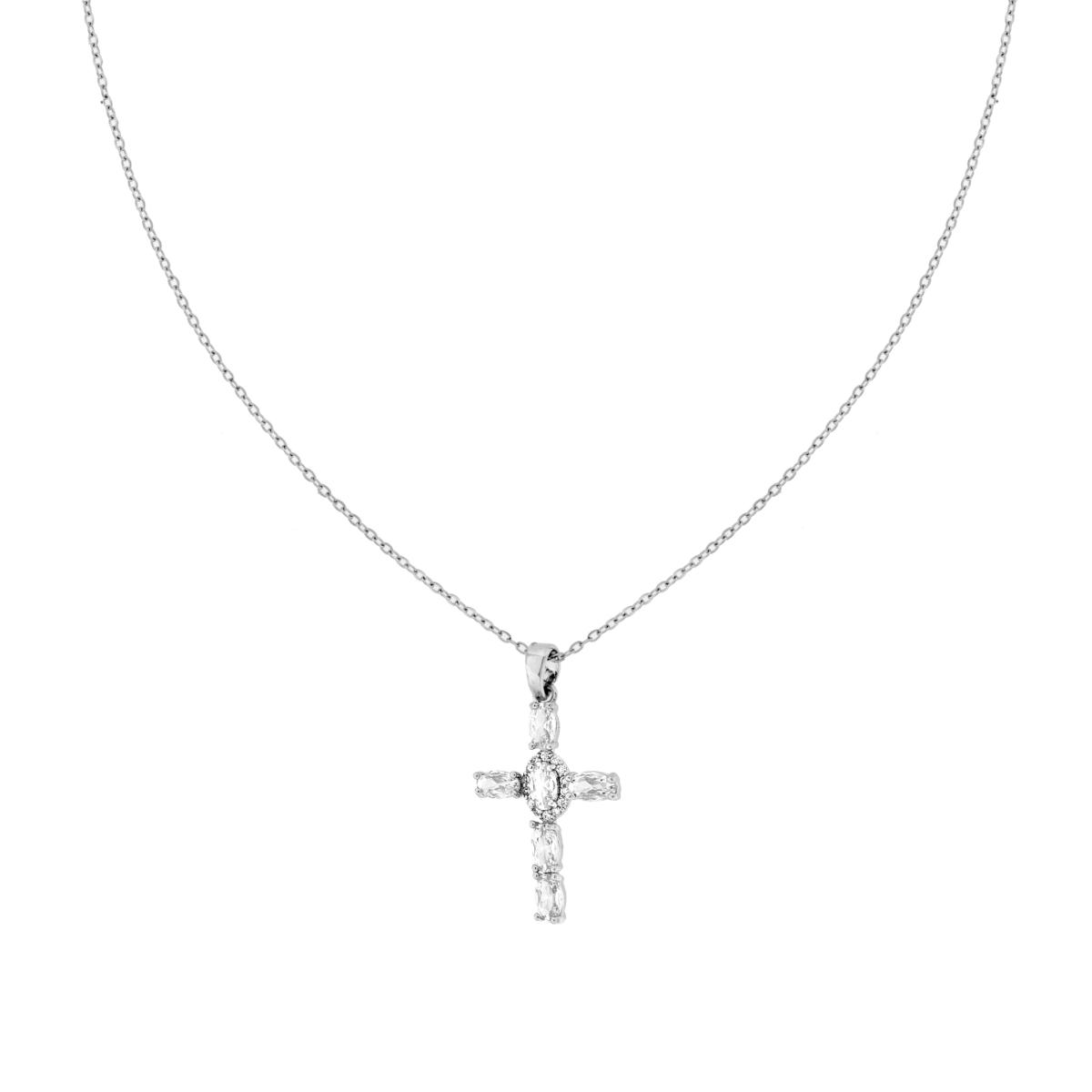 Collana Catena Forzatina Diamantata con Croce e Crystal Bianchi Ovali in ACCIAIO