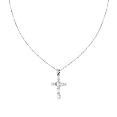 Collana Catena Forzatina Diamantata con Croce e Crystal Bianchi Ovali in ACCIAIO