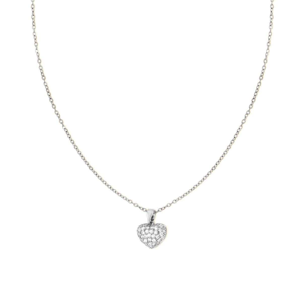 Collana Catena Forzatina Diamantata con Cuore Bombato e Crystal Bianchi in ACCIAIO