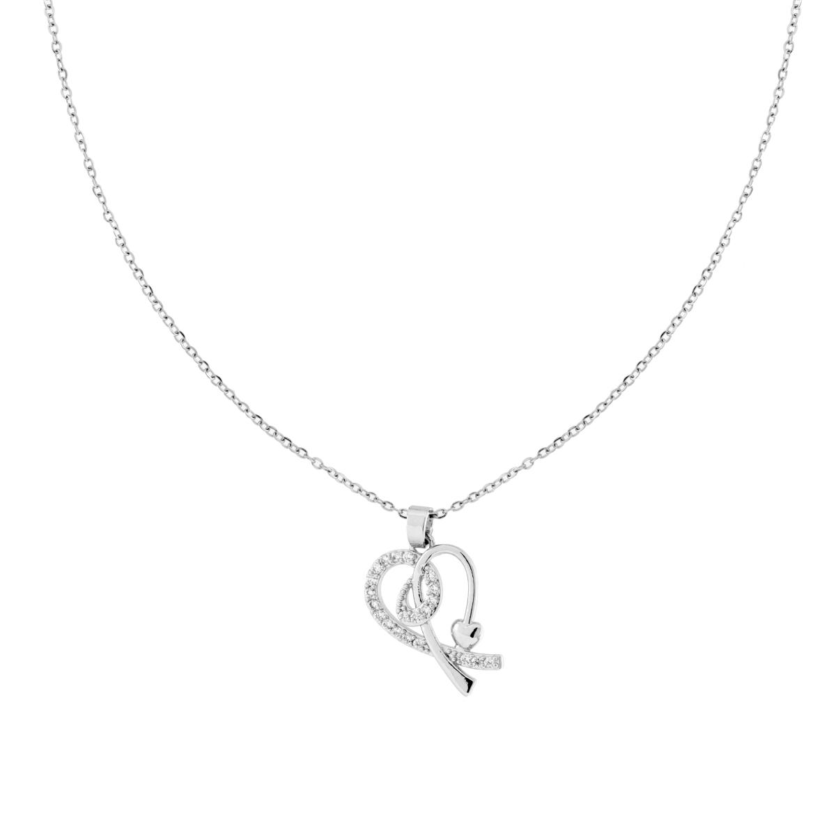 Collana Catena Forzatina Diamantata con Cuore Nastro e Crystal Bianchi in ACCIAIO