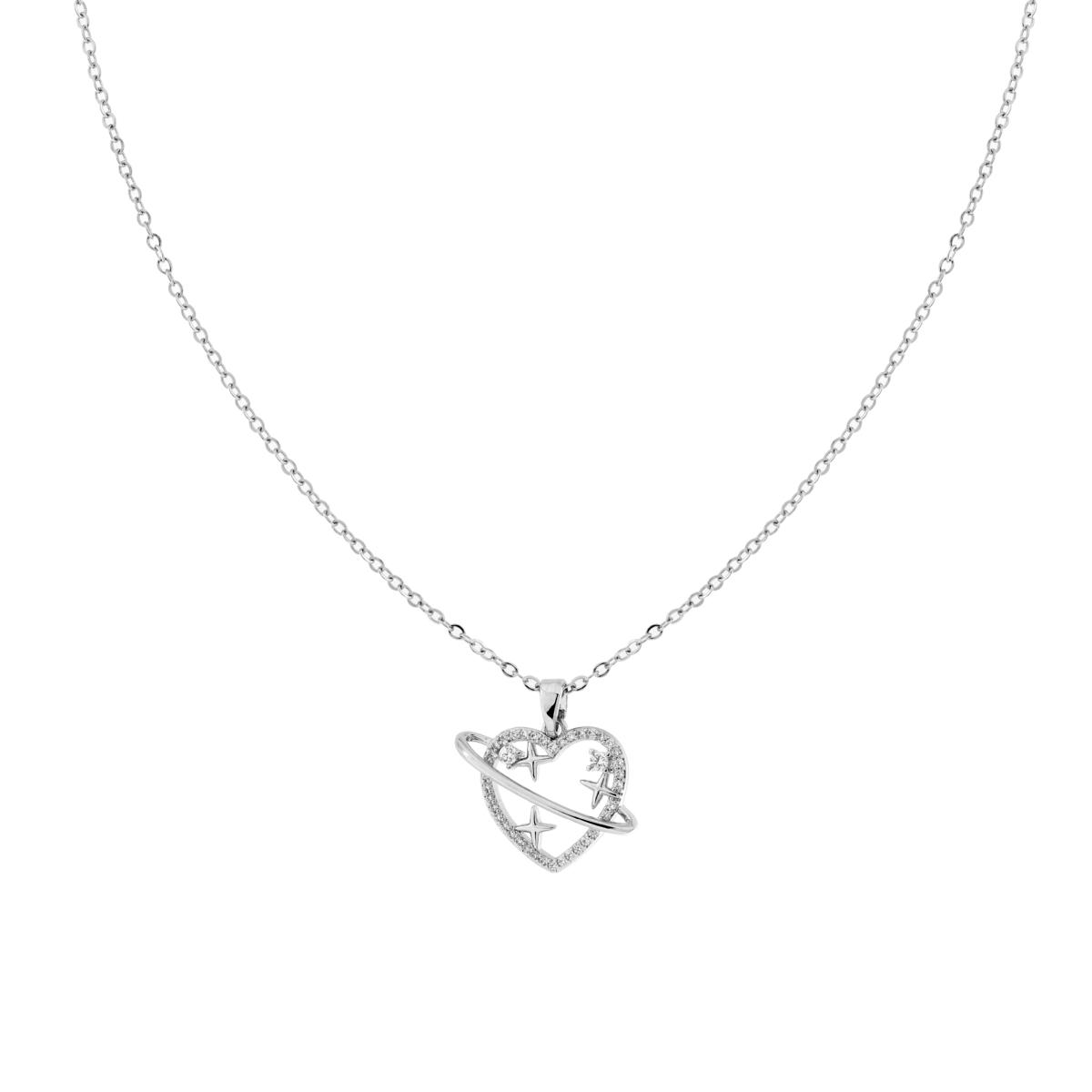 Collana Catena Forzatina Diamantata con Cuore Anello Satelliti e Crystal Bianchi in ACCIAIO
